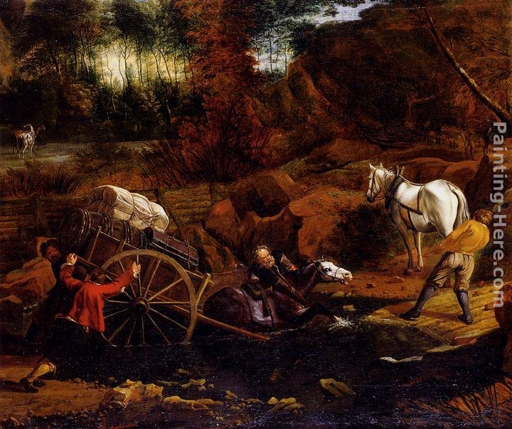Jan Siberechts Figures With A Cart And Horses Fording A Stream